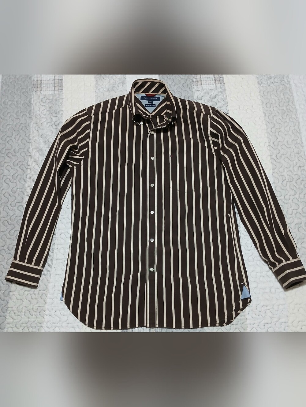 Tommy Hilfiger Brown and Cream Vertical Stripe Button-Down Shirt